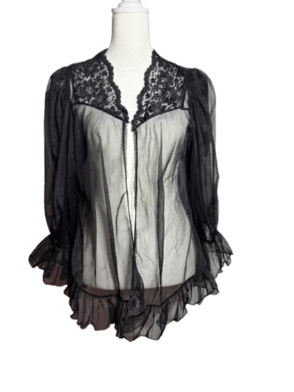 Sexy Sheer Black Lace Trim Peignoir Top Robe w/Ruffles  FLAW
